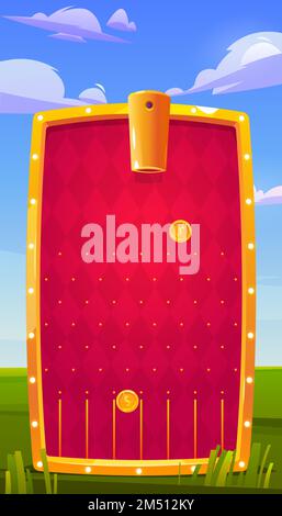 Mobile game app background, application vertical interface. Ui or Gui arcade with cannon gun shooting with golden coins aiming to separated slots on red and gold field, cartoon vector illustration Stock Vector