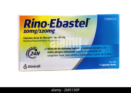 Huelva, Spain - December 24, 2022: Spanish Rino-Ebastel box. It is a combination of 2 active ingredients, ebastine and pseudoephedrine. It is an antih Stock Photo