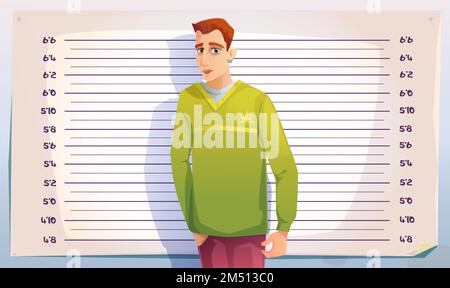 Criminal mugshot in police or prison. Photo of arrested man on scale of height background. Vector cartoon illustration of mug shot of gangster, drug dealer or thief Stock Vector