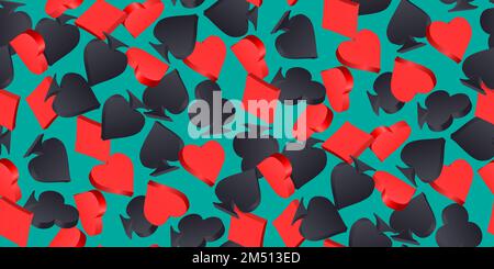 Playing card suit symbols icons. Seamless pattern with falling red, black suits for playing cards on green background. Vector illustration for casino, Stock Vector