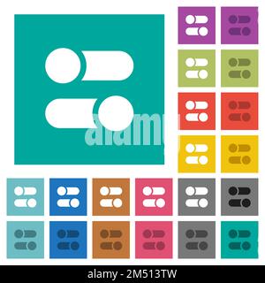 Horizontal toggle switches solid multi colored flat icons on plain square backgrounds. Included white and darker icon variations for hover or active e Stock Vector