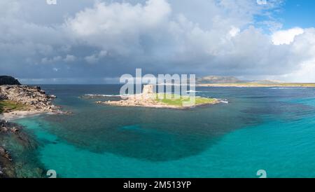 High angle view of the Pelosa Watchtower near Stintino on the coast of Sardinia Stock Photo