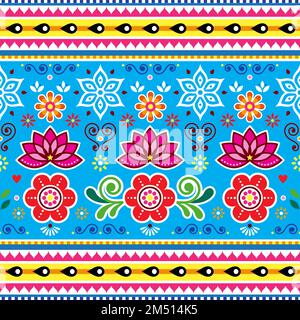 Pakistani and Indian seamless vector pattern with lotus flowers, jingle truck art design in blue, red, pink and yellow Stock Vector