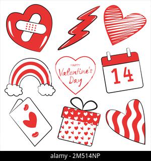 set of happy valentines day elements, heart with patches, thunder, rainbow, post card, calendar, and hearts with weaves Stock Vector