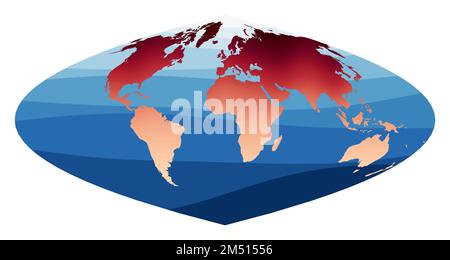 World Map Vector. Craster parabolic projection. World in red-orange gradient on deep blue ocean waves. Superb vector illustration. Stock Vector