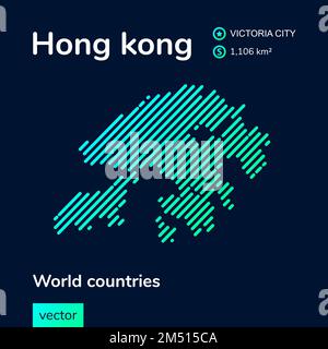Vector creative digital neon flat line art abstract simple map of Hong Kong with green, mint, turquoise striped texture on dark blue background. Educa Stock Vector