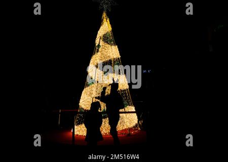 Lalitpur, Nepal. 24th Dec, 2022. People taking pictures in front of a Christmas tree decorated on the eve of Christmas outside a mall in Lalitpur, Nepal on Saturday, December 24, 2022. Credit: ZUMA Press, Inc./Alamy Live News Stock Photo