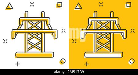 Electric tower icon in comic style. Power station cartoon vector illustration on white isolated background. High voltage splash effect sign business c Stock Vector