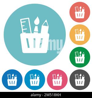 Drawing tools solid flat white icons on round color backgrounds Stock Vector