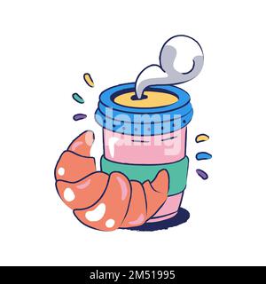 hand drawn takeaway coffee cup with croissant Stock Vector