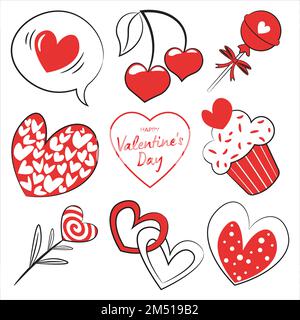 set of happy valentines day elements, heart with mini hearts inside, love message, cherries, lollipop, united hearts, cake and candy flower Stock Vector