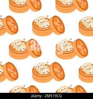 Dumpling and gyoza seamless pattern vector drawing. Traditional Japanese dumplings with funny smiling faces. Stock Vector