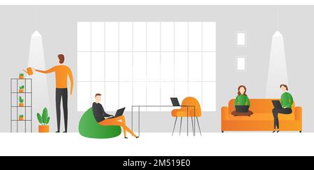 Office people with laptops sitting in bag chair and couch. Vector illustration. Stock Vector