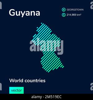 Vector creative digital neon flat line art abstract simple map of Guyana with green, mint, turquoise striped texture on dark blue background. Educatio Stock Vector
