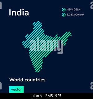 Vector creative digital neon flat line art abstract simple map of India with green, mint, turquoise striped texture on dark blue background. Education Stock Vector