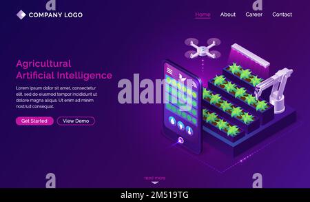 Agricultural artificial intelligence isometric landing page. Smart farming, ai technologies in farm industry. Robotics arm care of plants, smartphone app control drone, automation 3d vector web banner Stock Vector