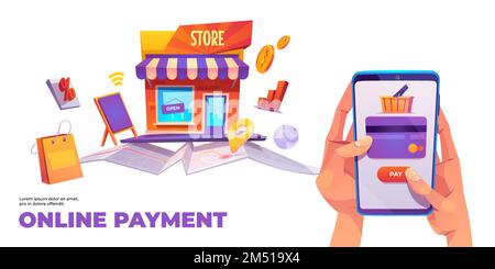 Online payment banner. Human hands holding smartphone with credit card and shopping cart on screen. Smart wallet, purse app, connected secure money internet transaction. Cartoon vector illustration Stock Vector