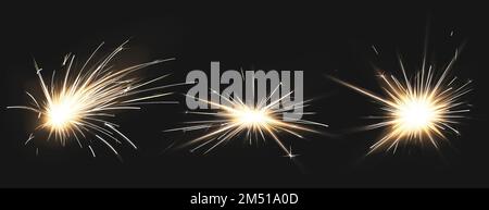 Weld sparks isolated on black background. Vector realistic flare effect of metal welding, iron cutting, fireworks or electric flash. Set of light flashes of industrial works with steel or firecrackers Stock Vector