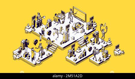 Human and ai robots office workers. Robotic employees together with people in futuristic workplace. Cyborgs automation, artificial intelligence technologies, isometric 3d vector line art illustration Stock Vector