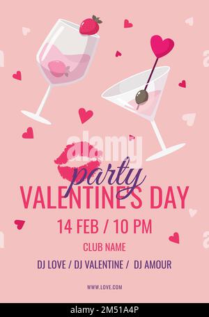 valentines day party poster on pink background with heart print lips and drinks in glasses Stock Vector