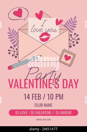 valentines day party poster on pink background with cute envelope illustration with note and declaration of love Stock Vector