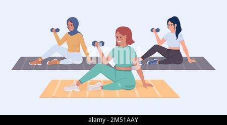 Women exercising in gym semi flat color vector character Stock Vector