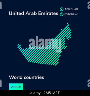 Vector creative digital neon flat line art abstract simple map of United Arab Emirates with green, mint, turquoise striped texture on dark blue backgr Stock Vector