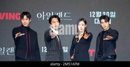 Sung Joon, Kim Nam-Gil, Lee Da-Hee and Cha Eun-Woo (ASTRO), Dec 22, 2022 : (L-R) Cast members Sung Joon, Kim Nam-Gil, Lee Da-Hee, Cha Eun-Woo pose for photos at a production presentation for the TVing original series 'Island' in Seoul, South Korea. Credit: Lee Jae-Won/AFLO/Alamy Live News Stock Photo