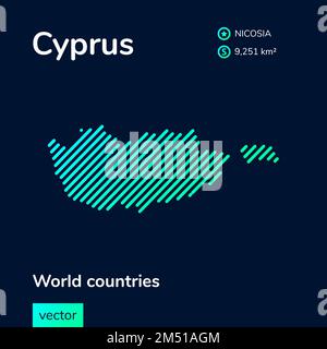 Vector creative digital neon flat line art abstract simple map of Cyprus with green, mint, turquoise striped texture on dark blue background. Educatio Stock Vector
