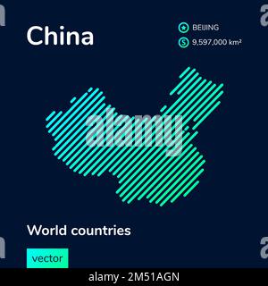 Vector creative digital neon flat line art abstract simple map of China with green, mint, turquoise striped texture on dark blue background. Education Stock Vector