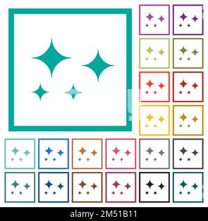 Glare stars solid flat color icons with quadrant frames on white background Stock Vector