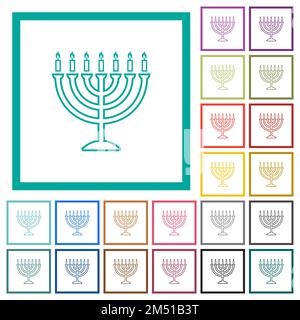 Menorah with burning candles outline flat color icons with quadrant frames on white background Stock Vector