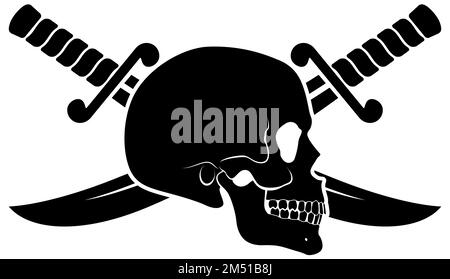 Black Skull Side View with Crossed Sabers Behind It. Illustration of Pirate Symbol Stock Vector