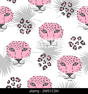 Vector seamless tropical pattern with leopard heads and palm leaves. Stock Vector