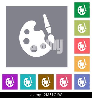 Paint kit solid flat icons on simple color square backgrounds Stock Vector