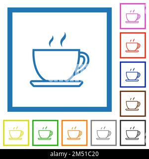 Cup of coffee outline flat color icons in square frames on white background Stock Vector