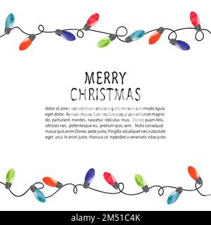 Christmas lights border vector illustration. Celebration background with watercolor light bulbs. Stock Vector