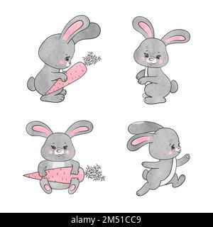 Set of cute cartoon baby rabbits. Vector watercolor bunny illustration. Stock Vector