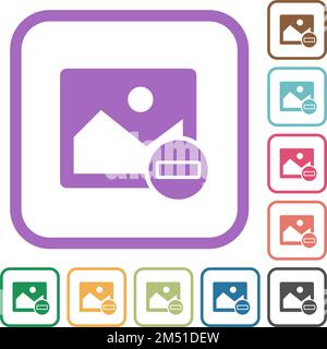Remove image simple icons in color rounded square frames on white background Stock Vector