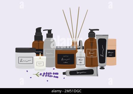 Vertical compositions with organic cosmetic products in bottles, jars, tubes for skin care with lavender. Cleanser, tonner, serum, oil, cream product. Stock Vector