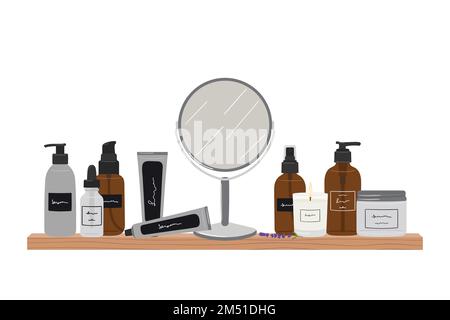 Vertical compositions with organic cosmetic products in bottles, jars, tubes for skin care with mirror. Cleanser, tonner, serum, oil, cream product. H Stock Vector