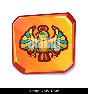 Cartoon stone board or blank clay tablet with golden egyptian phoenix bird. Culture religious sacred old symbol. Ancient object for graphical user interface, game design isolated on white background. Stock Vector