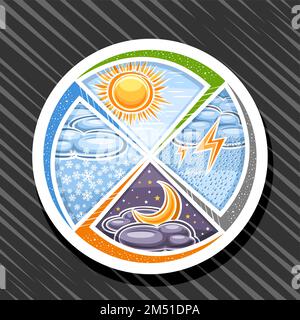 Vector Weather Logo, white decorative label with illustrations of collage various weathers, isolated round badge with four sectors of variety cartoon Stock Vector