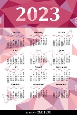 2023 calendar. Geometric low poly design. Calendar 2023 in English. Week starts on monday. A4 vertical page. Stock Vector