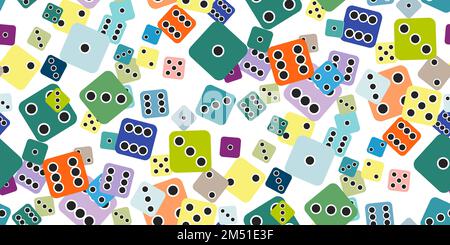 Gambling game dice. Seamless pattern of flat gaming poker cubes with black dots on color . Object to play in casino, dice from one to six dots with ra Stock Vector