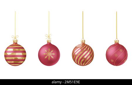 Set of 3D render Christmas toys. Front view. Red and gold Christmas balls on a golden ribbon. Festive decoration of Christmas and New Year cards, invi Stock Photo