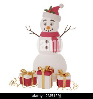 3D render snowman in a hat with fur and holly leaves and red scarf. Red and gold gift boxes. Festive decoration for Christmas and New Year cards, invi Stock Photo