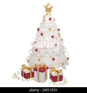 3D render Christmas tree with balls, golden star, gift boxes and serpentine. Red and gold festive decoration for Christmas and New Year cards, invitat Stock Photo