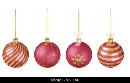Set of 3D render Christmas toys. Top view. Red and gold Christmas balls on a golden ribbon. Festive decoration of Christmas and New Year cards, invita Stock Photo