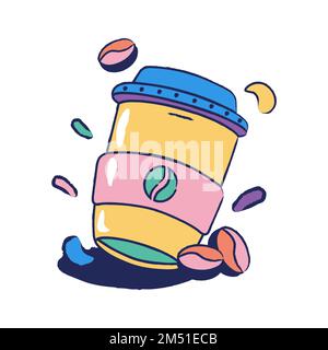 hand drawn yellow takeaway coffee cup with coffee beans Stock Vector